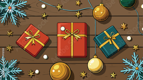 Golden Baubles and Presents on Wooden Surface.