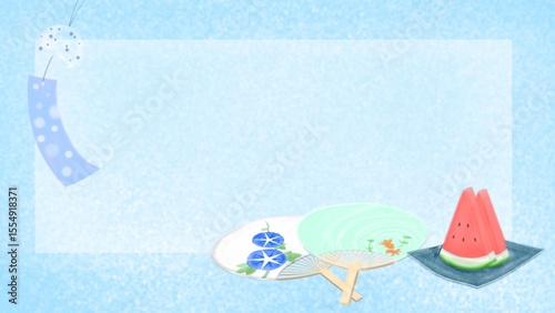 涼しげな風鈴・うちわ・スイカの夏イメージ背景イラスト