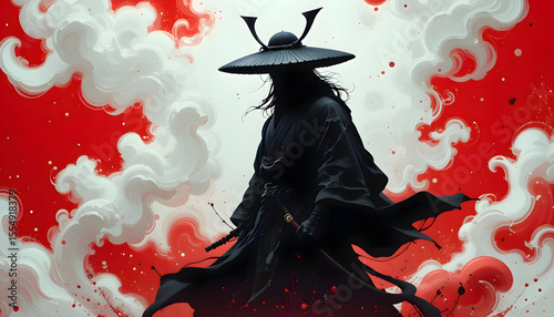 Dark Samurai with Katana Standing Against Red and White Cloud Background