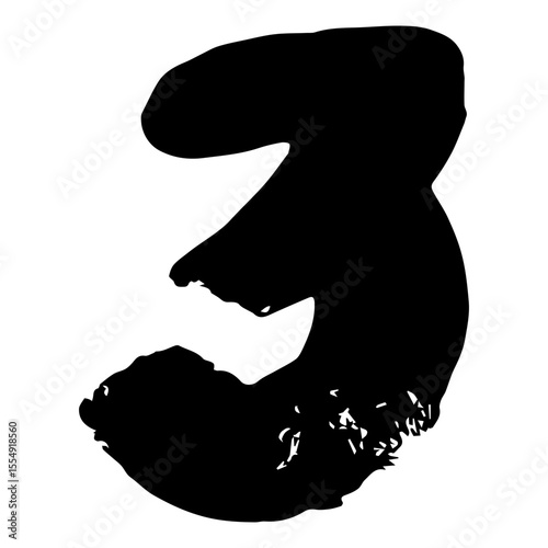 Number 3 made of black paint isolated on white background. Number 1, 2, 3, 4, 5, 6, 7, 8, 9, 0. Vector.