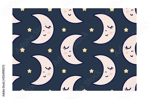 Repeating pattern of smiling crescent moons with closed eyes yellow stars on a dark blue background