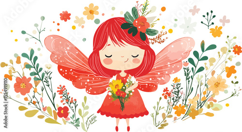 Cute Little Fairy Girl with Floral Wreath