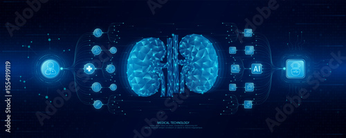 Doctor and robot icons in circuit board chip. Medical technology network connection and artificial intelligence (AI) against polygon human kidney. Digital health care smart. Banner vector.