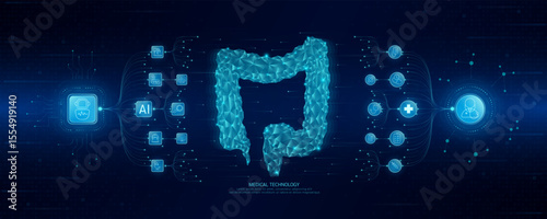 Doctor and robot icons in circuit board chip. Medical technology network connection and artificial intelligence (AI) against polygon human intestine. Digital health care smart. Banner vector.