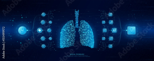 Doctor and robot icons in circuit board chip. Medical technology network connection and artificial intelligence (AI) against polygon human lung. Digital health care smart. Banner vector.