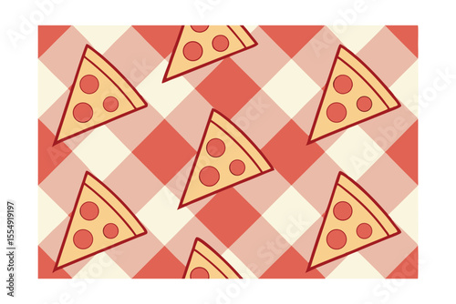 Pizza slices with pepperoni on a red cream checkered pattern background food vector