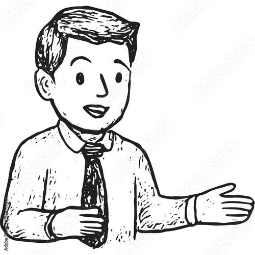 Sketch of a smiling businessman in a suit with open hands, depicting office presentation or explanation