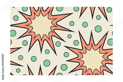 Comic book style of orange explosion shapes with green circles on beige background