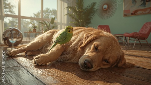 Ruhe im Sonnenlicht – Hund und Wellensittich in Harmonie
