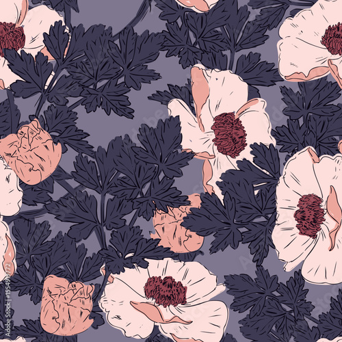 Twilight flowers. Seamless vector pattern of pink flowers with purple leaves on a lilac background.