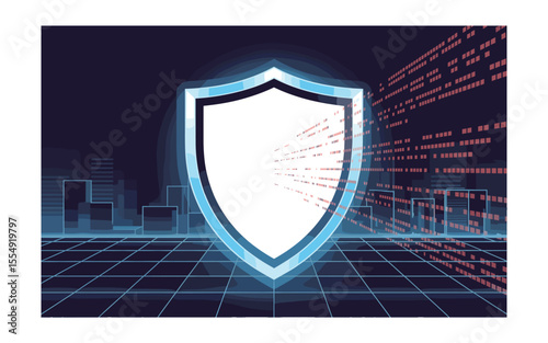 Cyber Security Shield Illustration: Data Protection and Network Safety in Futuristic City