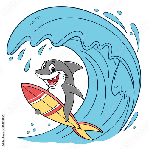 Cartoon Shark Surfing on a Wave – Fun Ocean Animal Illustration.
