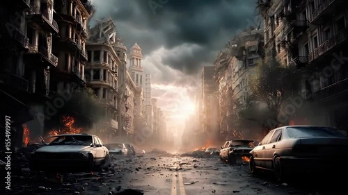 Destroyed city street after war, with abandoned cars and debris. Slow motion. Dolly. 4K.
