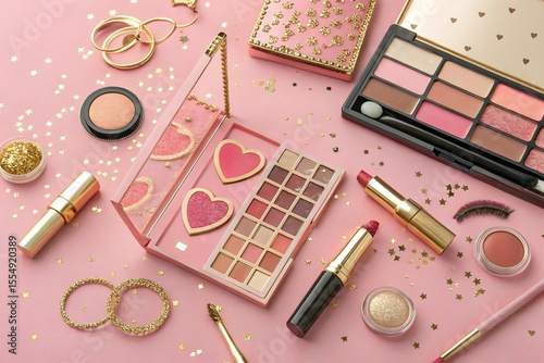 Flat lay arrangement of various makeup products on a pink background
