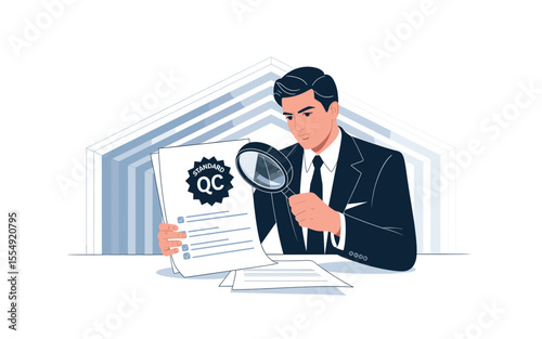 Quality Control Inspector Reviewing Standard QC Checklist with Magnifying Glass, Quality Assurance