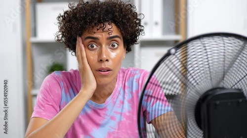 Heatwave at work - A hot and sweaty latina woman employee cools off in front of a desk fan as there's no AC in the corporate office building