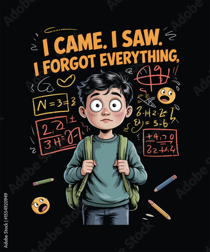 Overwhelmed Boy Backpack Math Equations Pencils Emojis