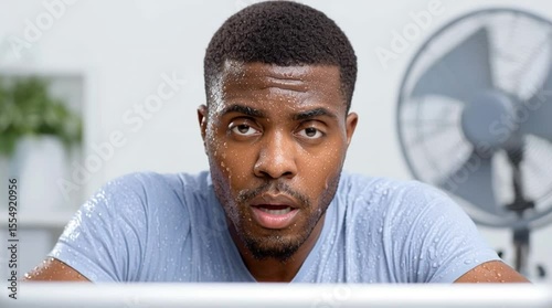 Heatwave at work - A hot and sweaty black man employee cools off in front of a desk fan as there's no AC in the corporate office building
