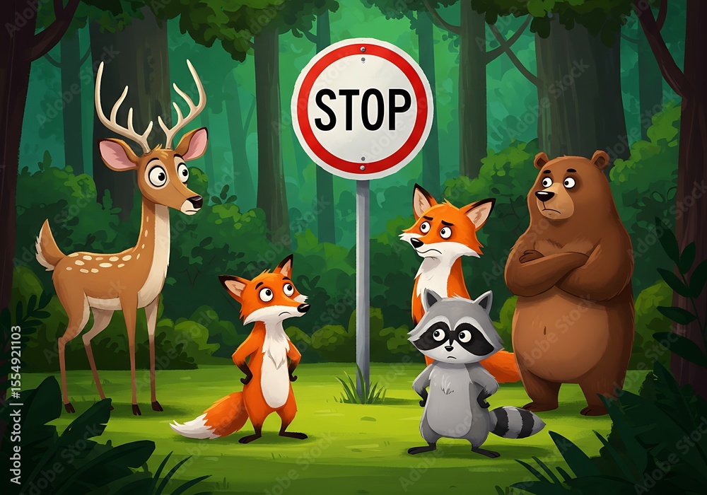 Fototapeta premium Wild forest animals surrounding a stop sign
