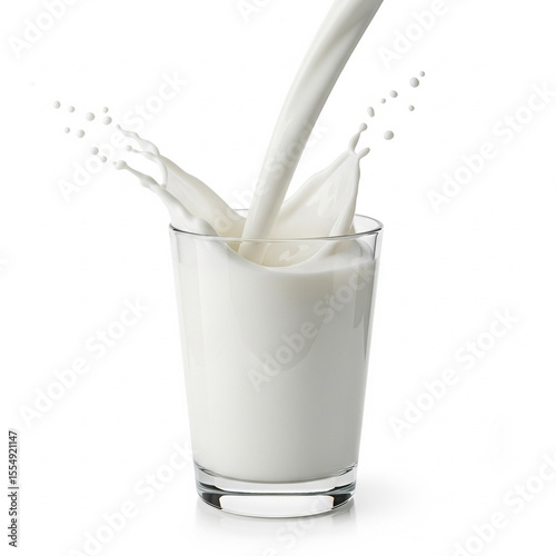 Milk Pour Splash into Transparent Glass Isolated on White