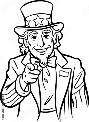 uncle sam pointing with flag line art vector illustration