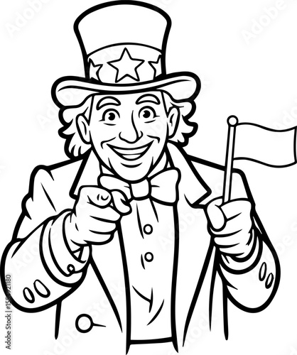 uncle sam pointing with flag line art vector illustration
