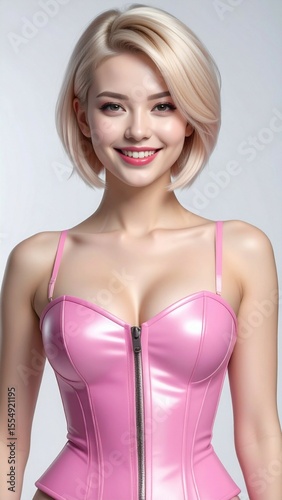 studio portrait of a blonde woman with short hair wearing a pink leather lingerie corset on white background, fashion photography