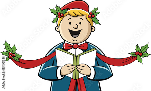 Holiday Choir Singer Holding Ribbon and Mistletoe.
