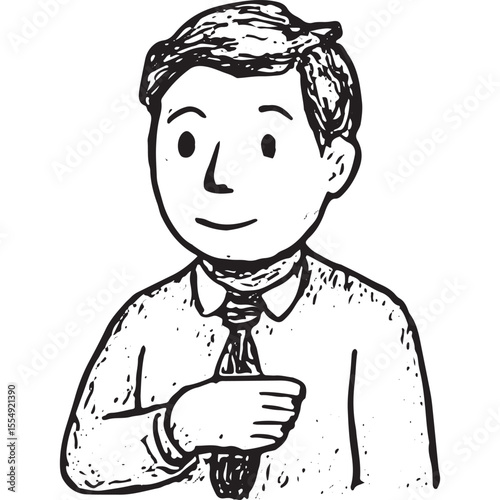 Sketch of a smiling businessman in a suit with open hands, depicting office presentation or explanation