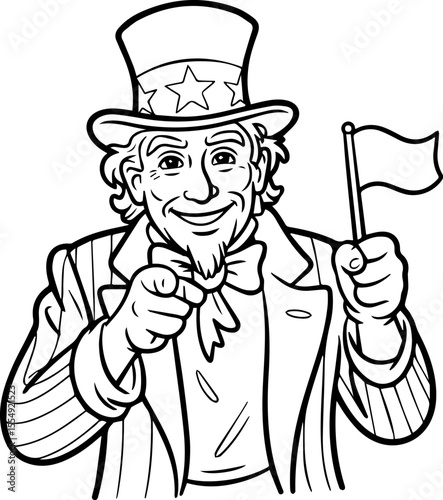uncle sam pointing with flag line art vector illustration