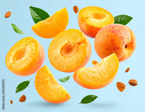 Fresh Ripe Apricots, Slices, and Leaves Levitating on Blue.