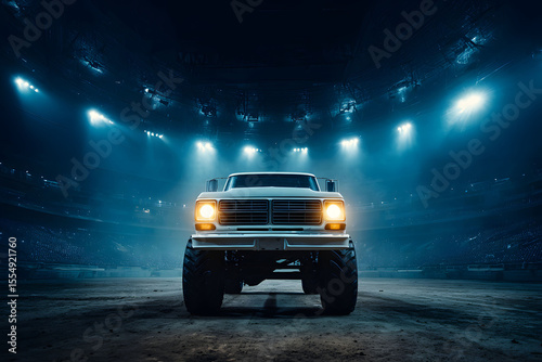 White Monster Truck in a Dark Arena with Bright Spotlights
