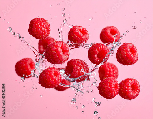 Fresh Red Raspberries with Water Splashes Levitating on Pink.
