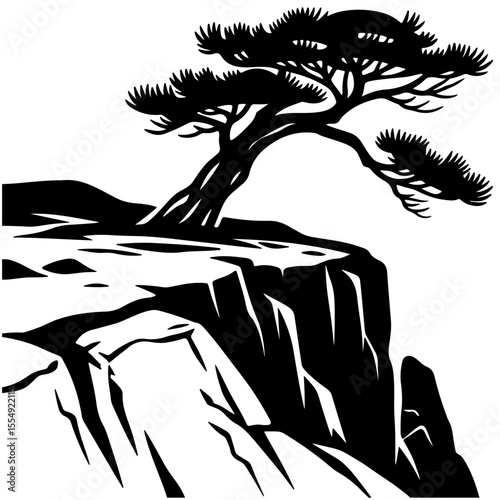 Windswept tree on cliff edge, black and white illustration