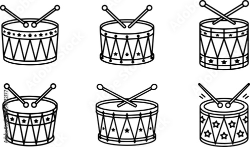 Set of patriotic drum with drumsticks line art vector illustration