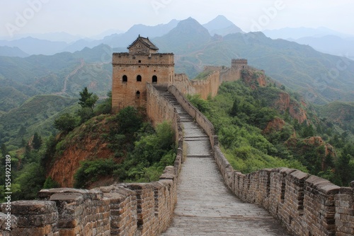 Great Wall of China section with a watchtower stone path and mountainous background