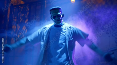 Frankenstein's monster dances in a colorful club 