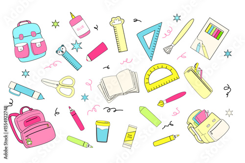 Colorful school supplies pattern for educational design projects.