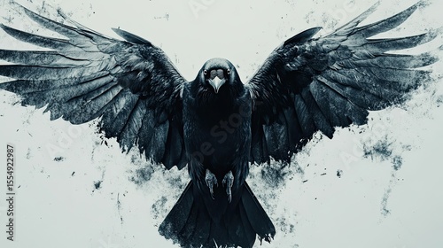 A dynamic shot of a raven with its glossy black feathers facing forward on a seamless white background