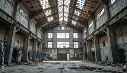 This image depicts an old, abandoned factory building with decaying industrial architecture, showcasing its empty interior of concrete, steel, and a dilapidated roof