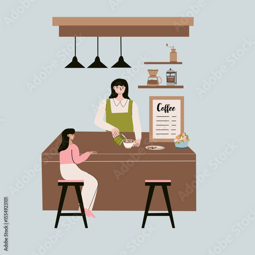 Cozy coffee shop scene with barista serving customer.