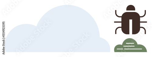 Cloud shape beside bug on a green mound representing cybersecurity, data storage, and technological vulnerabilities. Ideal for cloud security, malware, threat analysis, IT management, risk, network