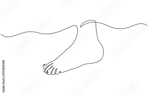 Continuous one line art drawing of bare foot in simple style and outline vector art illustration, Barefoot human footprint drawn in one continuous editable line. Diagonal track of barefoot footprint.