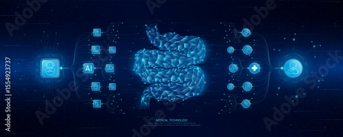 Doctor and robot icons in circuit board chip. Medical technology network connection and artificial intelligence (AI) against polygon human small intestine. Digital health care smart. Banner vector.