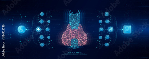 Doctor and robot icons in circuit board chip. Medical technology network connection and artificial intelligence (AI) against polygon human thyroid gland. Digital health care smart. Banner vector.