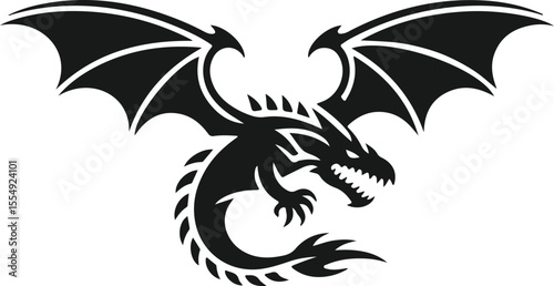 Fierce black dragon silhouette with wings spread wide in attack pose