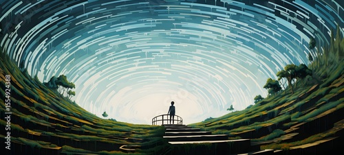 pop surreal unreal silhouettes spiral towards grass, ai generatif