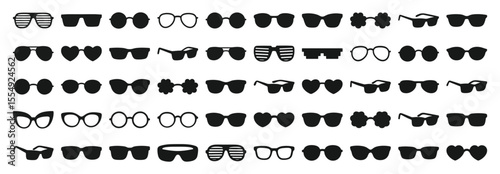 Vector set of sunglasses and eyeglasses icons. Includes silhouette illustrations of eyewear such as retro spectacles, geek glasses, and modern fashion frames. Isolated on white background.