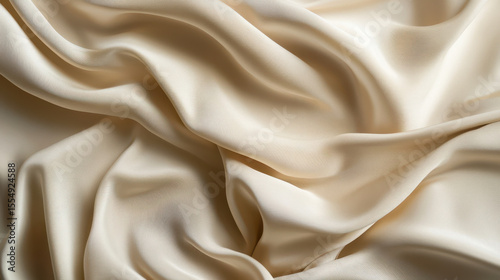 Luxurious silky satin fabric with flowing folds and smooth texture in a soft cream color