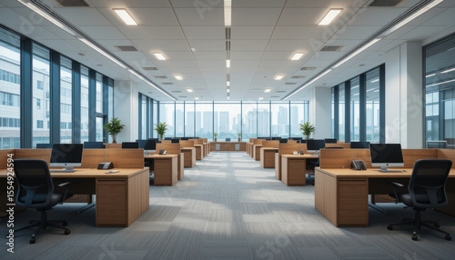 Bright, modern office space with rows of desks and chairs, illuminated by large windows.